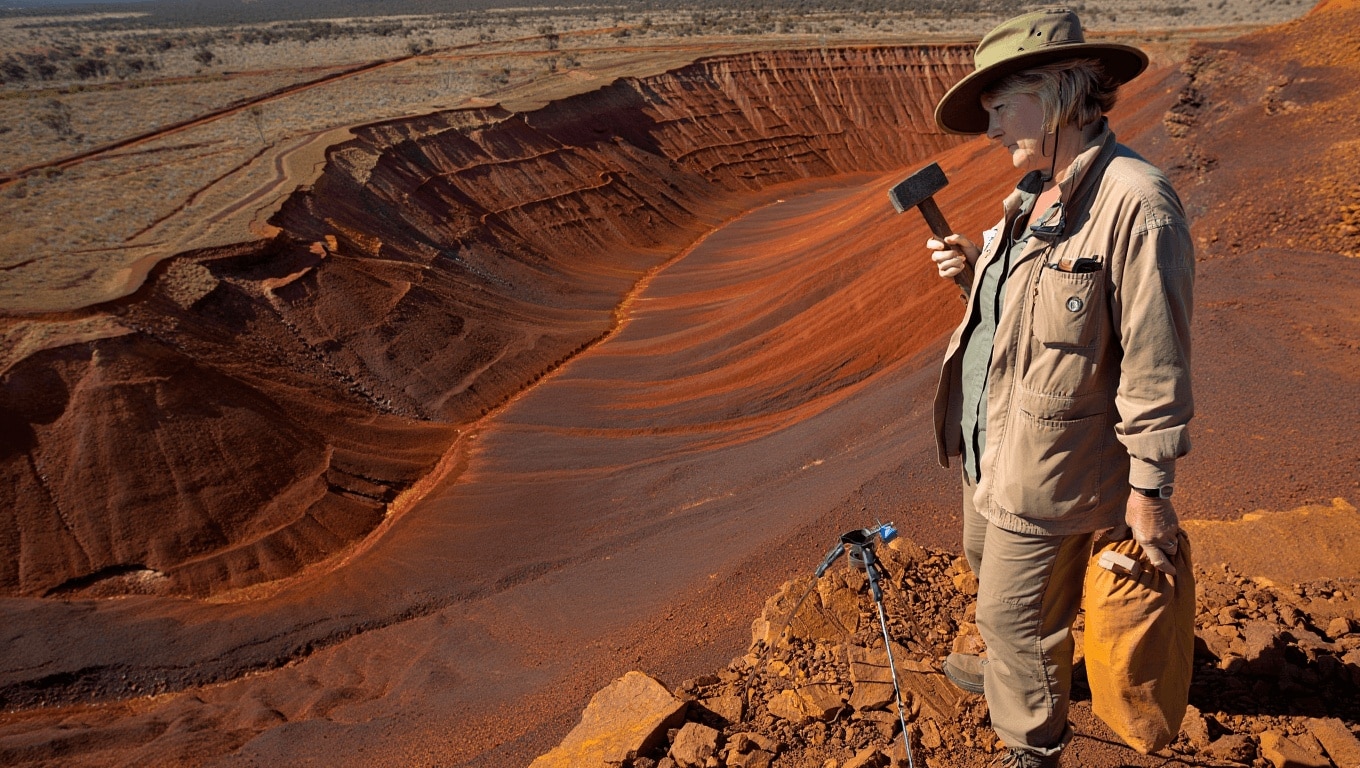 A vast open-pit iron ore mine in Western Australia's Hamersley Province, showcasing the rich red hematite deposits.