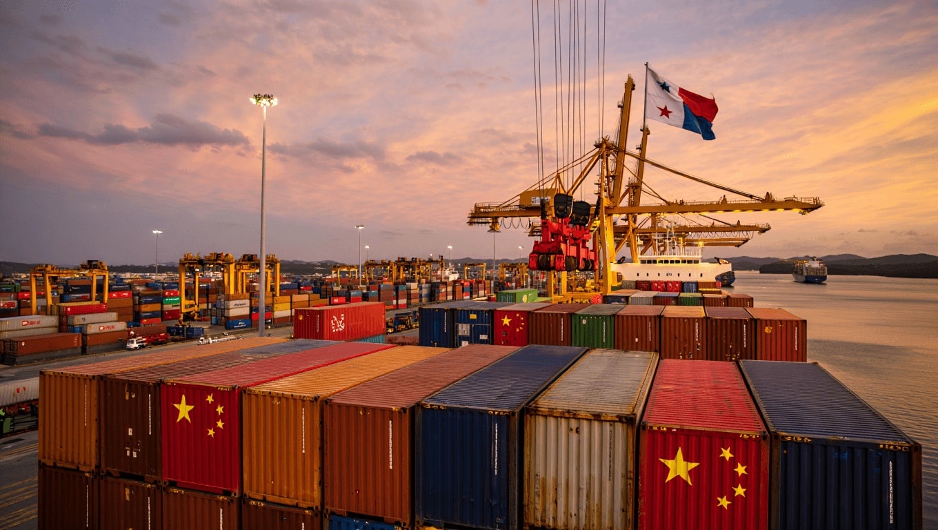 Aerial view of a major container port near the Panama Canal, showing cranes, cargo areas, and ships at berth amid the port dispute