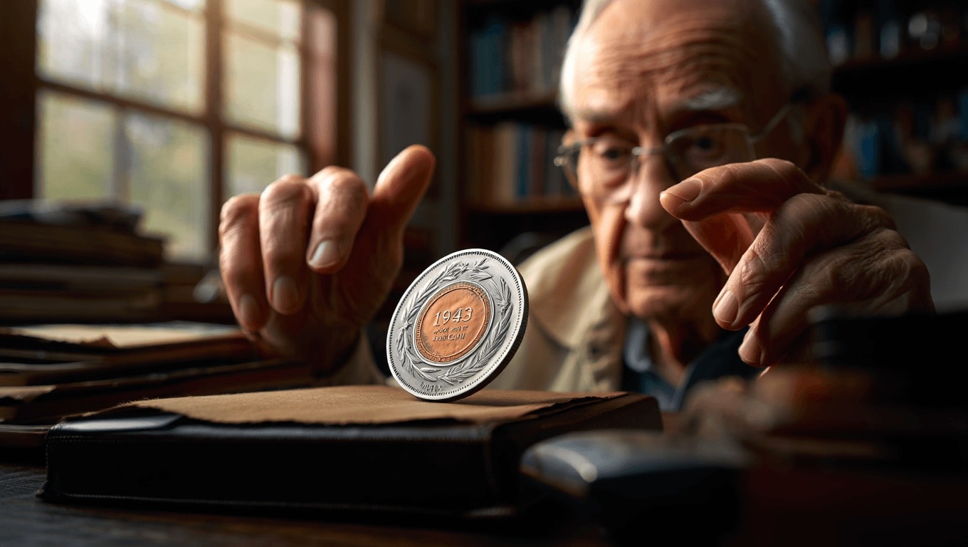 Front and back views of a rare 1943 Lincoln cent, the famous bronze error coin long known as the 1943 copper penny