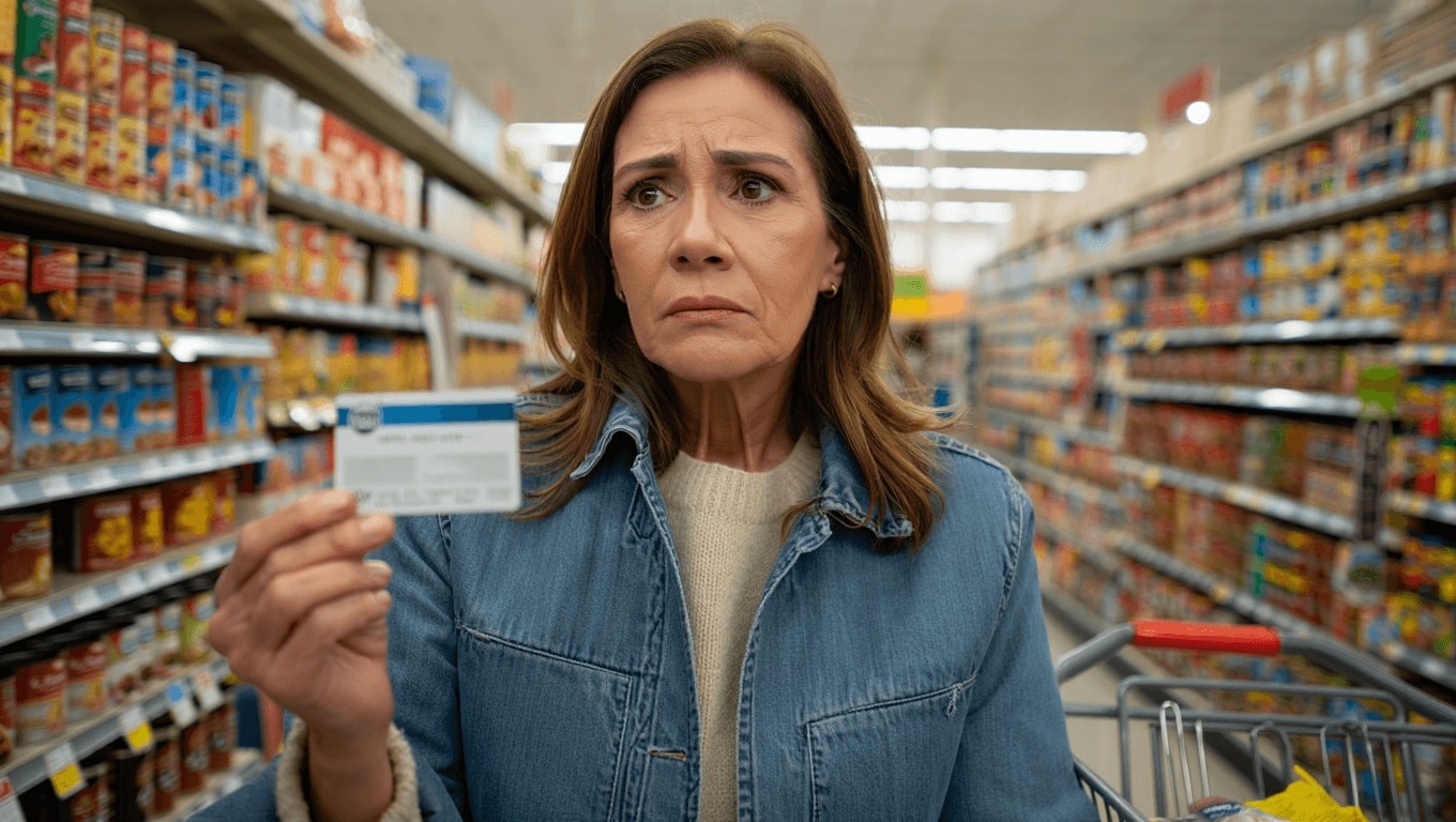 Protest sign reading “SNAP feeds families” with a blurred American flag in the background