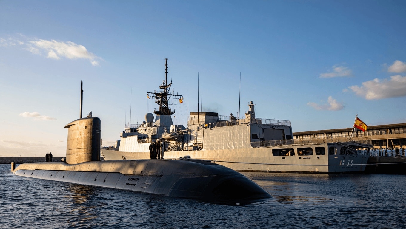 A Spanish Navy warship enters port escorted by smaller vessels, as Spain rolls out a major fleet renewal plan.