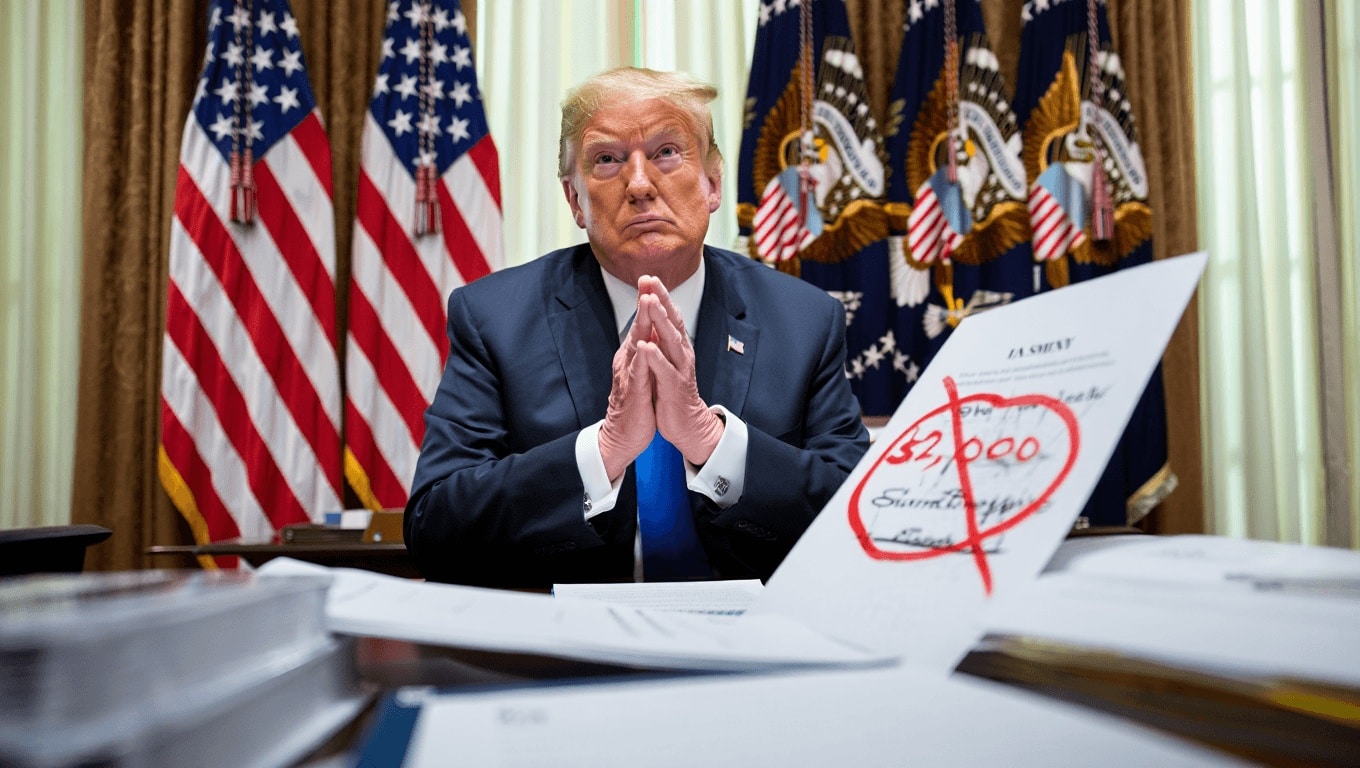 President Donald Trump gestures in the Oval Office amid questions about $2,000 tariff dividend checks