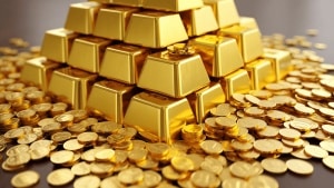 Gold bars and coins displayed at auction in France with high-value lots attracting global bidders