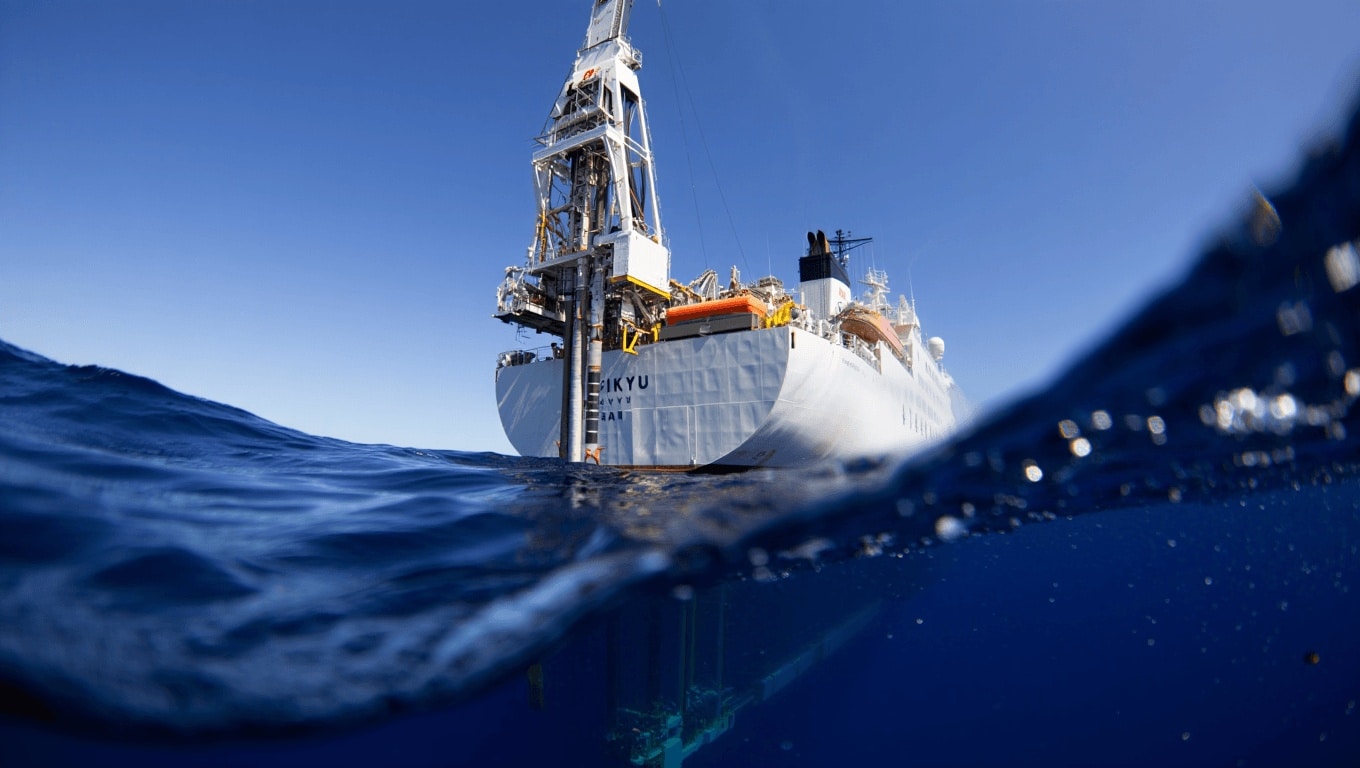 Japanese drillship Chikyu conducting ultra deep sea drilling for rare earth elements near Minamitorishima Island