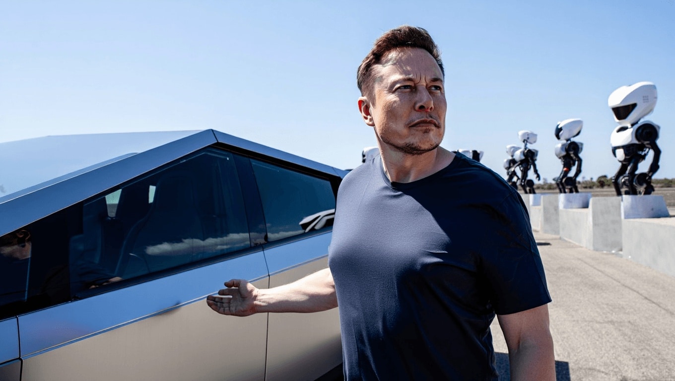 Elon Musk stands beside Tesla’s Cybercab concept vehicle at night with the door open, highlighting delays in robotaxi production.