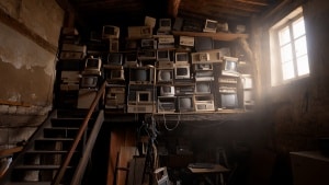 Stacks of boxed NABU retro computers stored on the second floor of a rural Massachusetts barn