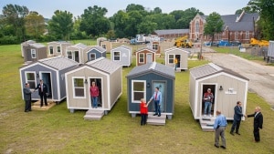 Small tiny home with a front porch, representing compact permanent housing for veterans.