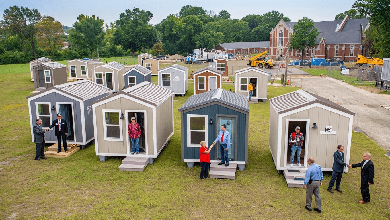 Small tiny home with a front porch, representing compact permanent housing for veterans.