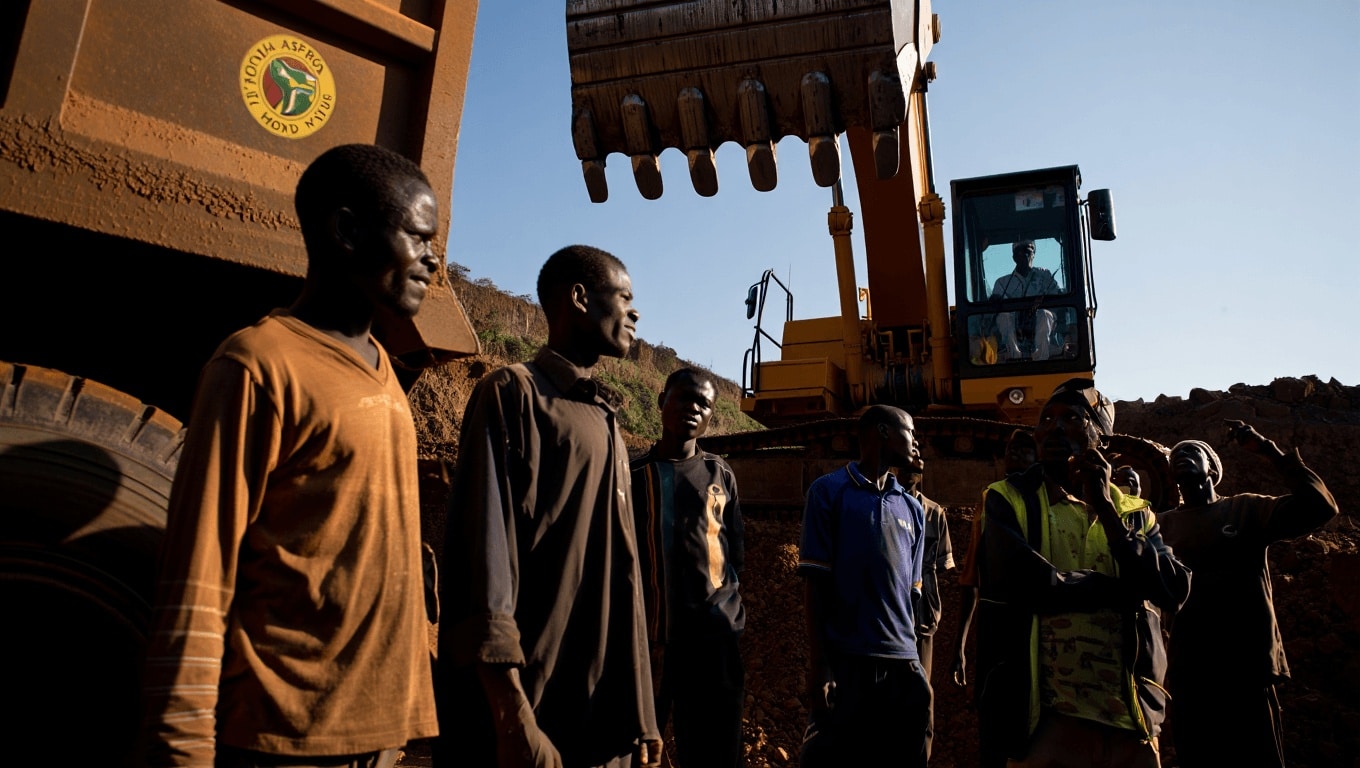 A wide-angle view of the Damang open-pit gold mine in Ghana, showing heavy machinery and terraced excavation levels.