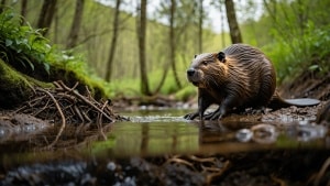 A series of beaver-built dams in a Swiss stream corridor, showing how these structures create wetlands and trap sediments.