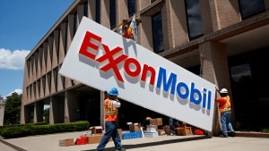 ExxonMobil office building facade showing company logo as firm shifts legal home to Texas