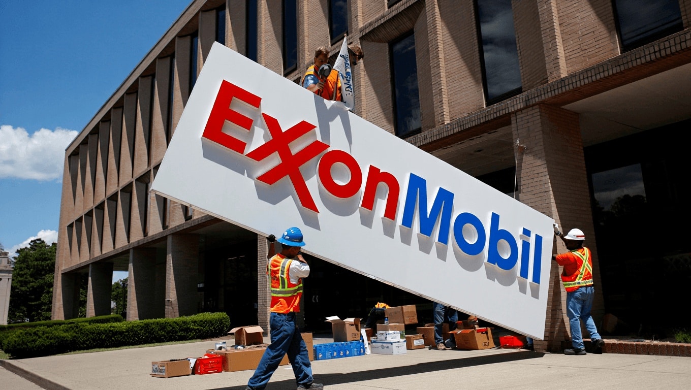 ExxonMobil office building facade showing company logo as firm shifts legal home to Texas