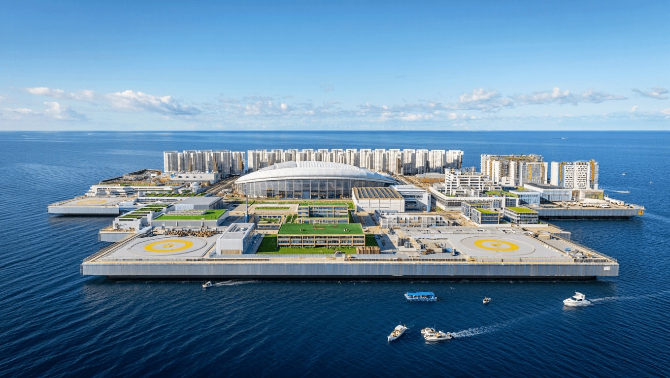 Rendering of Freedom Ship, a proposed floating city vessel designed to carry 80,000 people with schools and a hospital