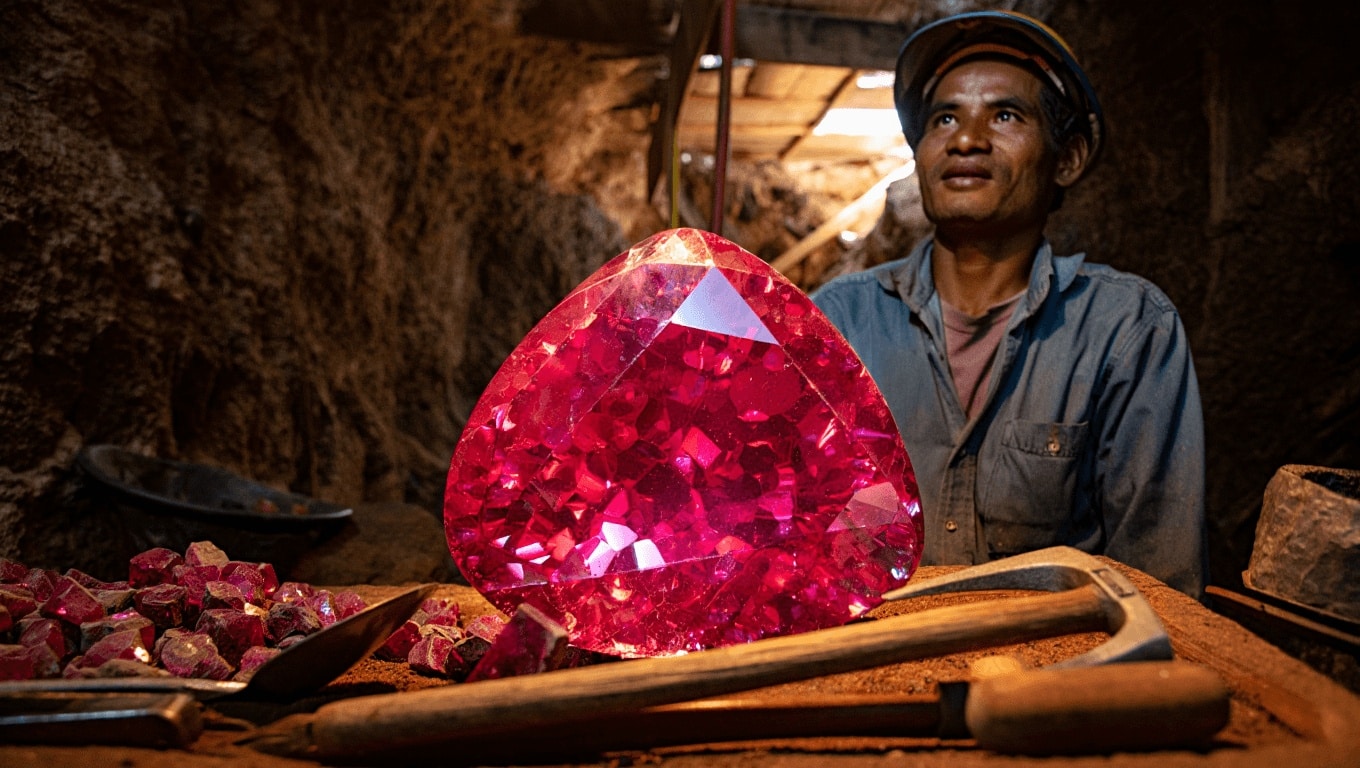 Myanmar officials examine a massive rough ruby discovered in Mogok, highlighting the scale of the 11,000-carat gemstone.