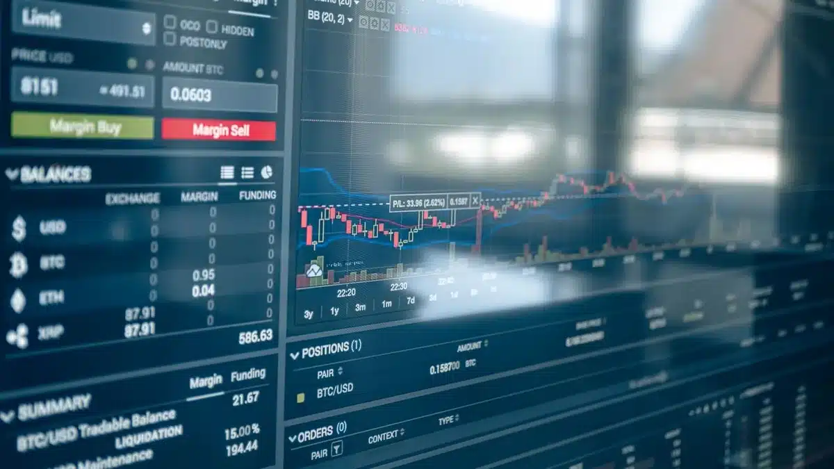 Digital trading platform screen showing cryptocurrency buy and sell interface with price charts
