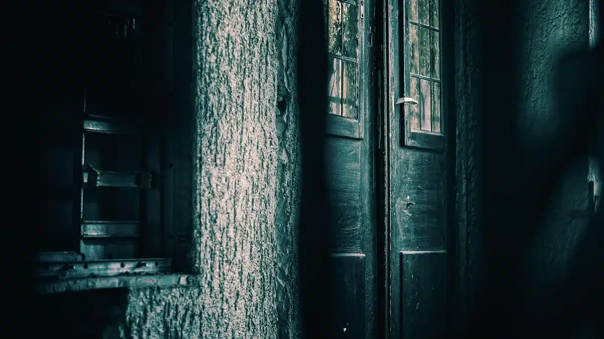 Staged corridor evoking an immersive horror attraction interior