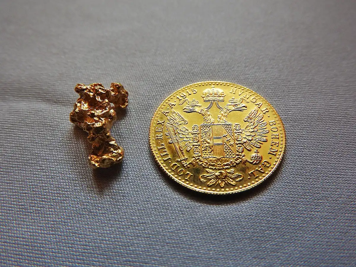 Large gold nugget displayed on a neutral surface