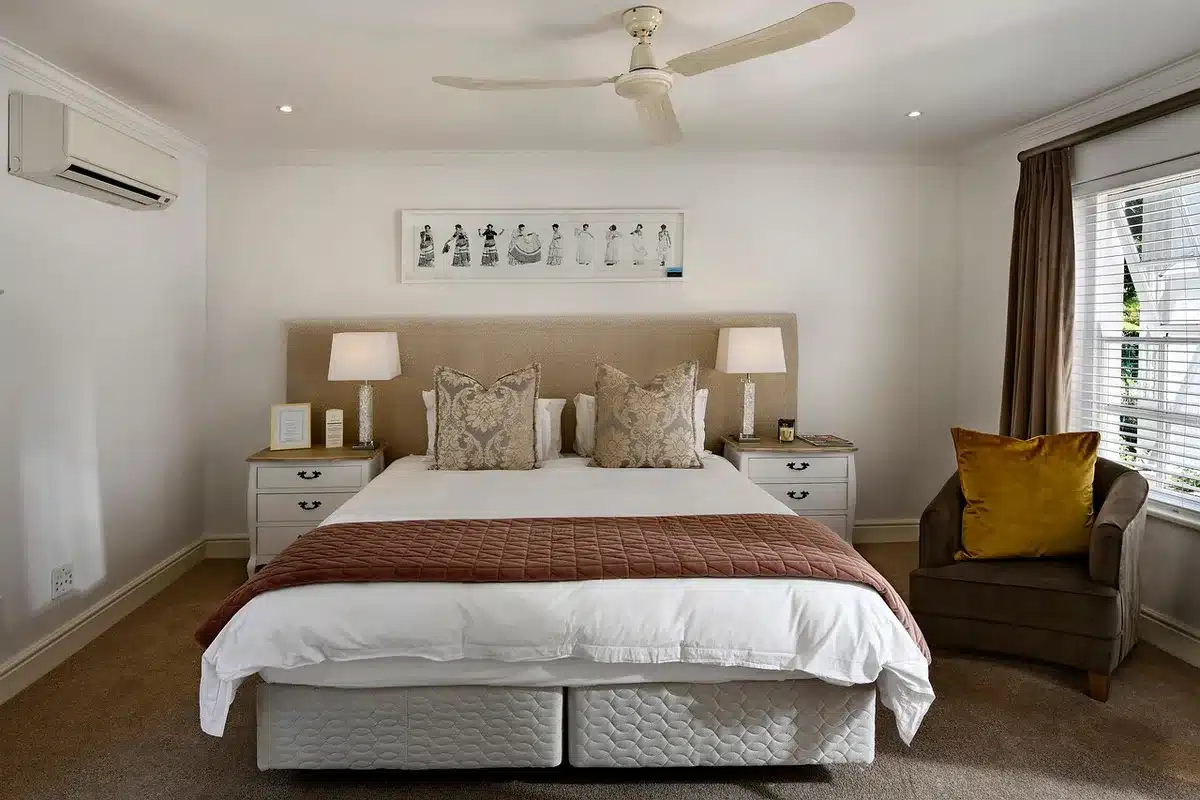 A styled wardrobe and interior corner showing coordinated colors and textures