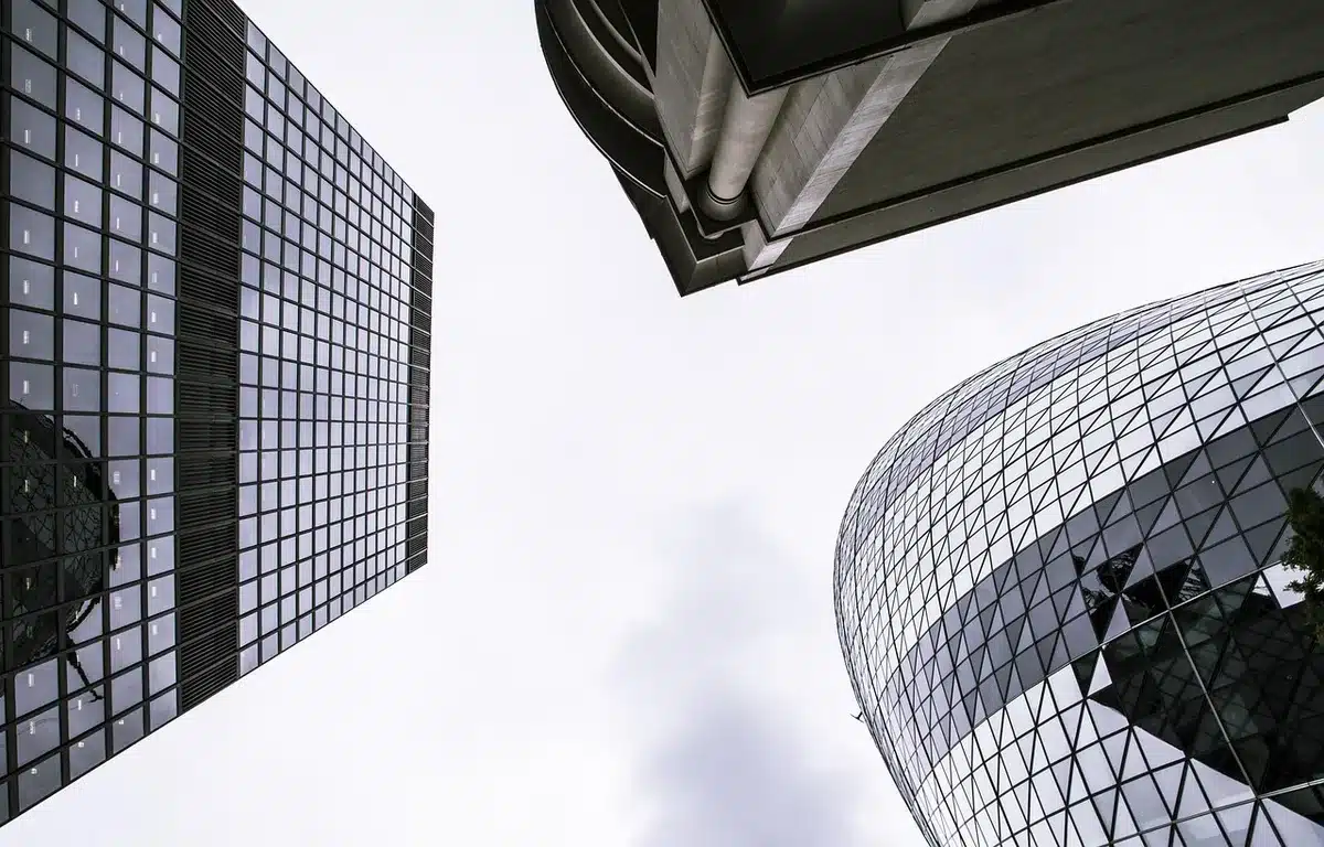 Skyline of a major financial district with office towers